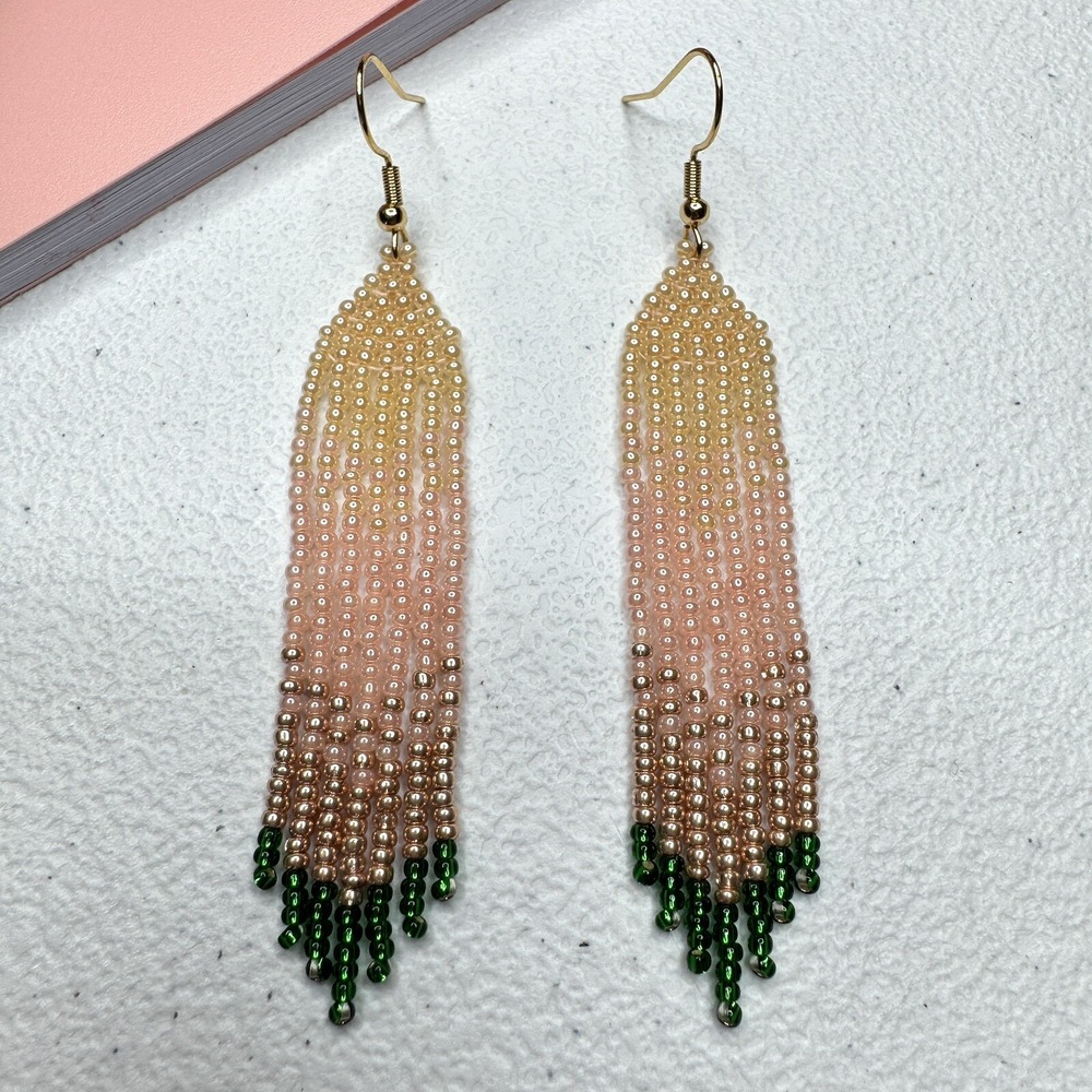 Handmade Beaded Fringe Ombre Earrings Peach Copper Green Boho Dangle Statement